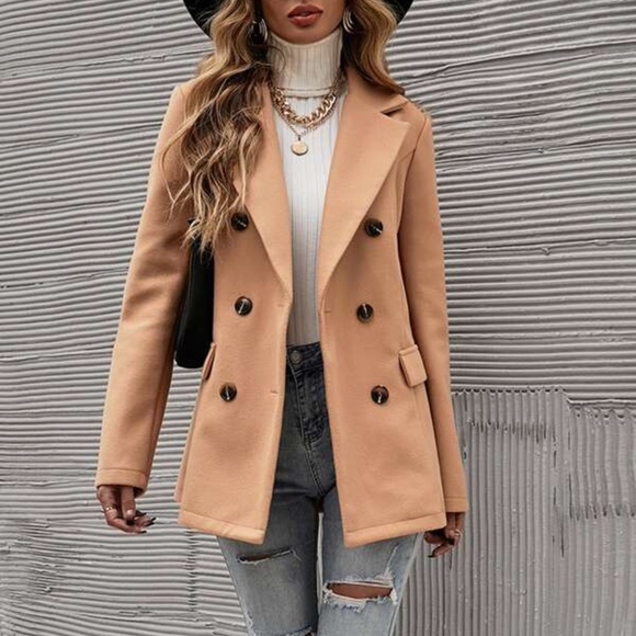 Classic Camel Double Breast Button up Jacket Coat - Picture 2 of 5